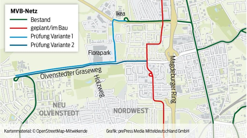 Die beiden Varianten sollen für die Straßenbahnanbindung des Floraparks in Magdeburg geprüft werden.