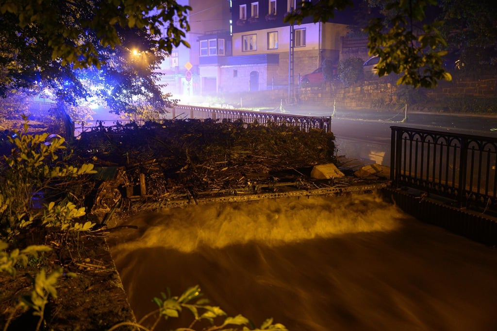 Holz und Geröll hat die Kirnitzsch auf einer Brücke angespühlt. Extreme Regenfälle von teils mehr als 100 Litern pro Quadratmeter innerhalb von 24 Stunden haben am Samstag in der Sächsischen Schweiz zu Überflutungen geführt.