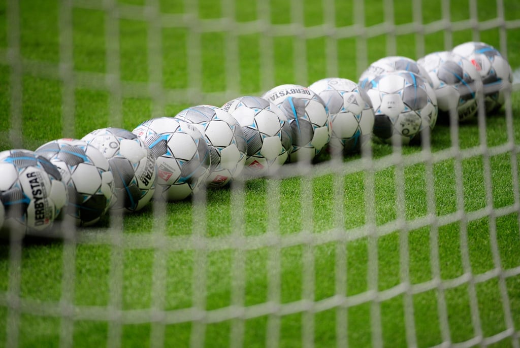 Fußbälle liegen in einem Tor.