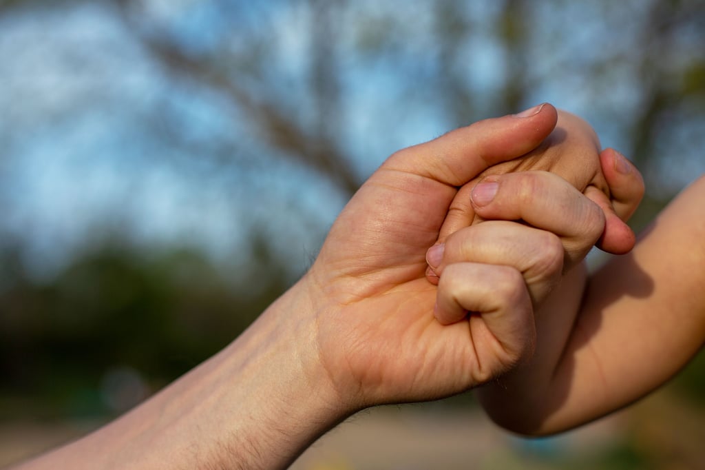 Ein Vater hält die Hand seines Kindes.
