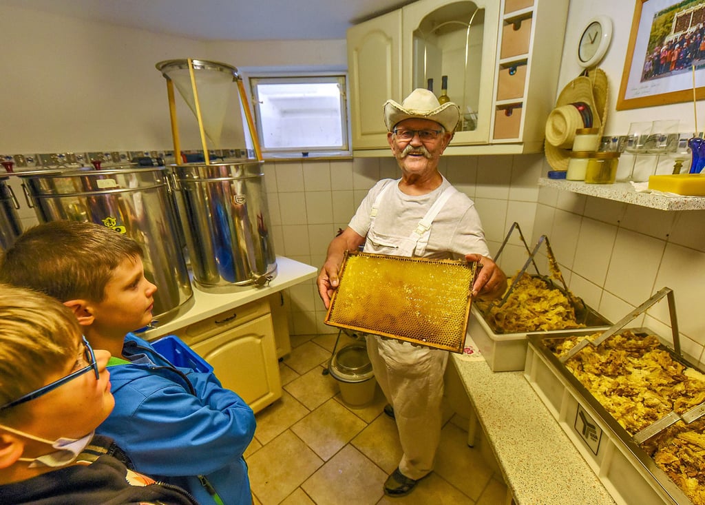 Imker Lothar Heilmann aus Großkayna freut sich über den Besuch von Kindern, denen er erklärt, wie der Honig ins Glas kommt.