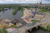 Die Magdeburger Brückenbaustelle aus der Luft. Für den Bau der neuen Verkehrsanlagen zur Anbindung werden ab dem 4. Juni 2021 bist zur geplanten Fertigstellung im August 2023 umfangreiche Sperrungen erforderlich. 