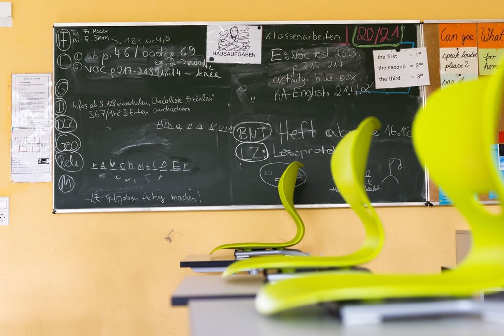 Stühle auf Tischen in einem leeren Klassenzimmer einer Realschule.