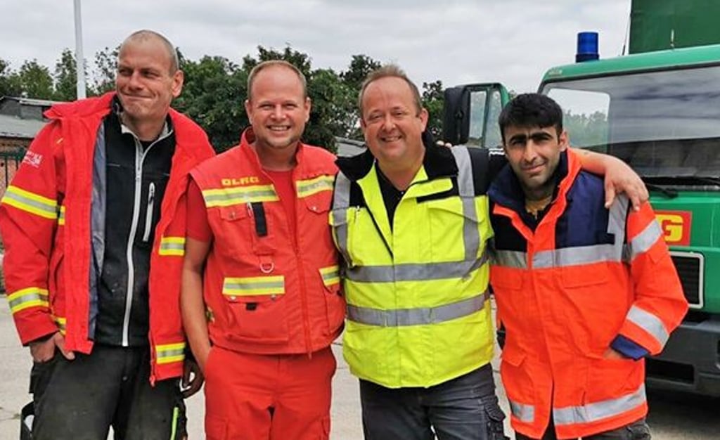 Die Fluthilfe-Fahrer: Sven Spiess, Martin Guderitz, David Strübing und Jalil Usoyan (von links).