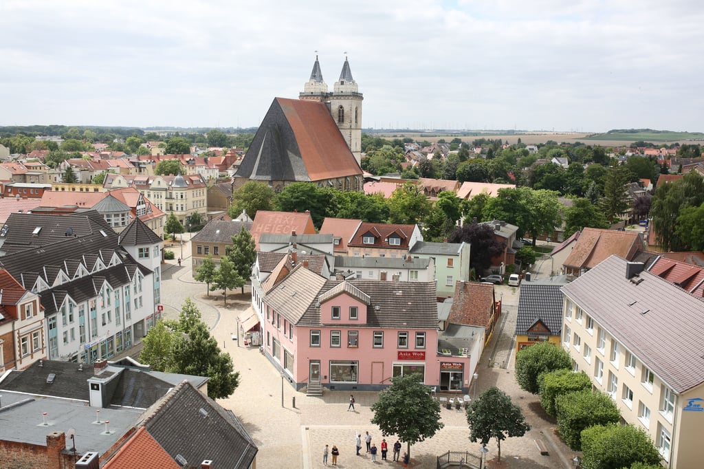 Blick auf die Johanniskirche in Bad Salzelmen vom Dach des Salzlandmuseums.