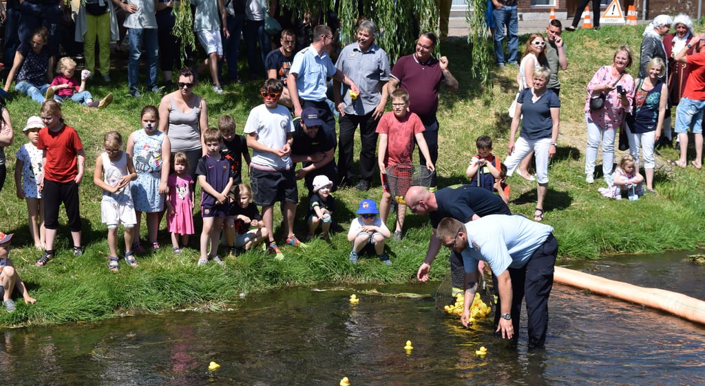 Das Entenrennen zieht bei Festen in Weferlingen, wie hier beim Markgrafenfest 2019, stets viele Zuschauer an. An manchen Tagen des offenen Denkmals war die Aller gelb von den kleinen Schwimmern. Der Besitzer der schnellsten Ente bekommt einen Pokal. 2020 schwammen keine gelben Plasteenten auf der Aller. Jetzt sollen sie wieder zeigen, was in ihnen steckt.