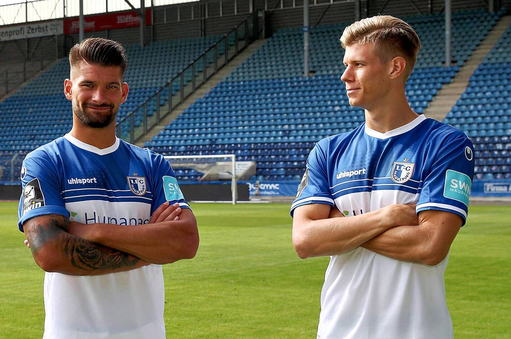 Kai Brünker (l.) und Luca Schuler bilden das neue Sturmduo des 1. FC Magdeburg. Beide können ganz unter- schiedliche Qualitäten in die Offensive des Drittligisten einbringen.