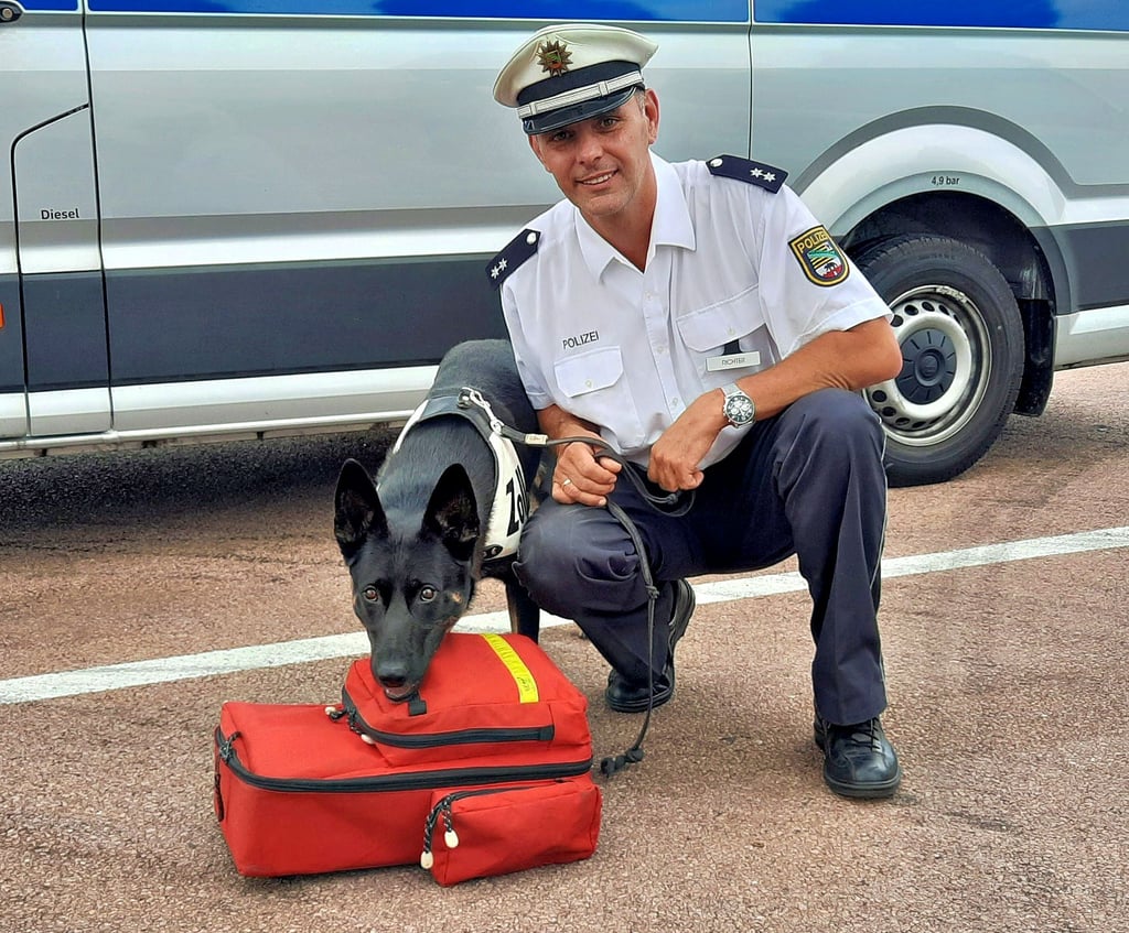 Drogenspürhund Dasty schnüffelt unter Anleitung von Autobahnpolizist Veit Richter an einem Rucksack.