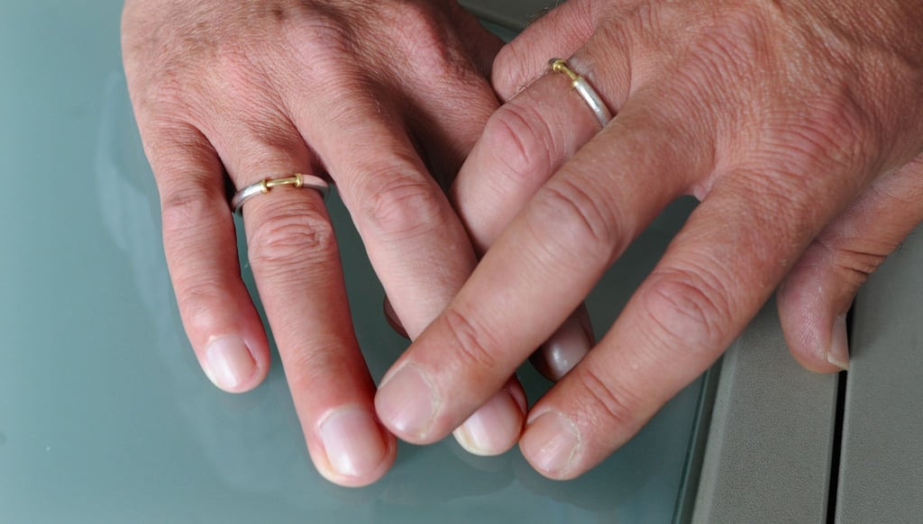 Das homosexuelle Paar Heinz Haare (l) und Reinhard Lüschow hält sich an den Händen. Vor zwanzig Jahren, am 01. August 2001, haben sich die beiden Schwulen das Ja-Wort gegeben und ihre Lebenspartnerschaft amtlich eingetragen.