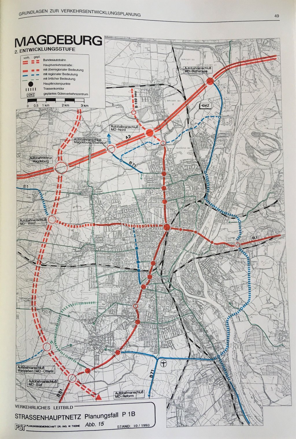 Skizze aus dem verkehrlichen Leitbild der Stadt Magdeburg von 1993: Blau gestrichelt verläuft die mögliche Nord-Süd-Trasse durch Ostelbien.