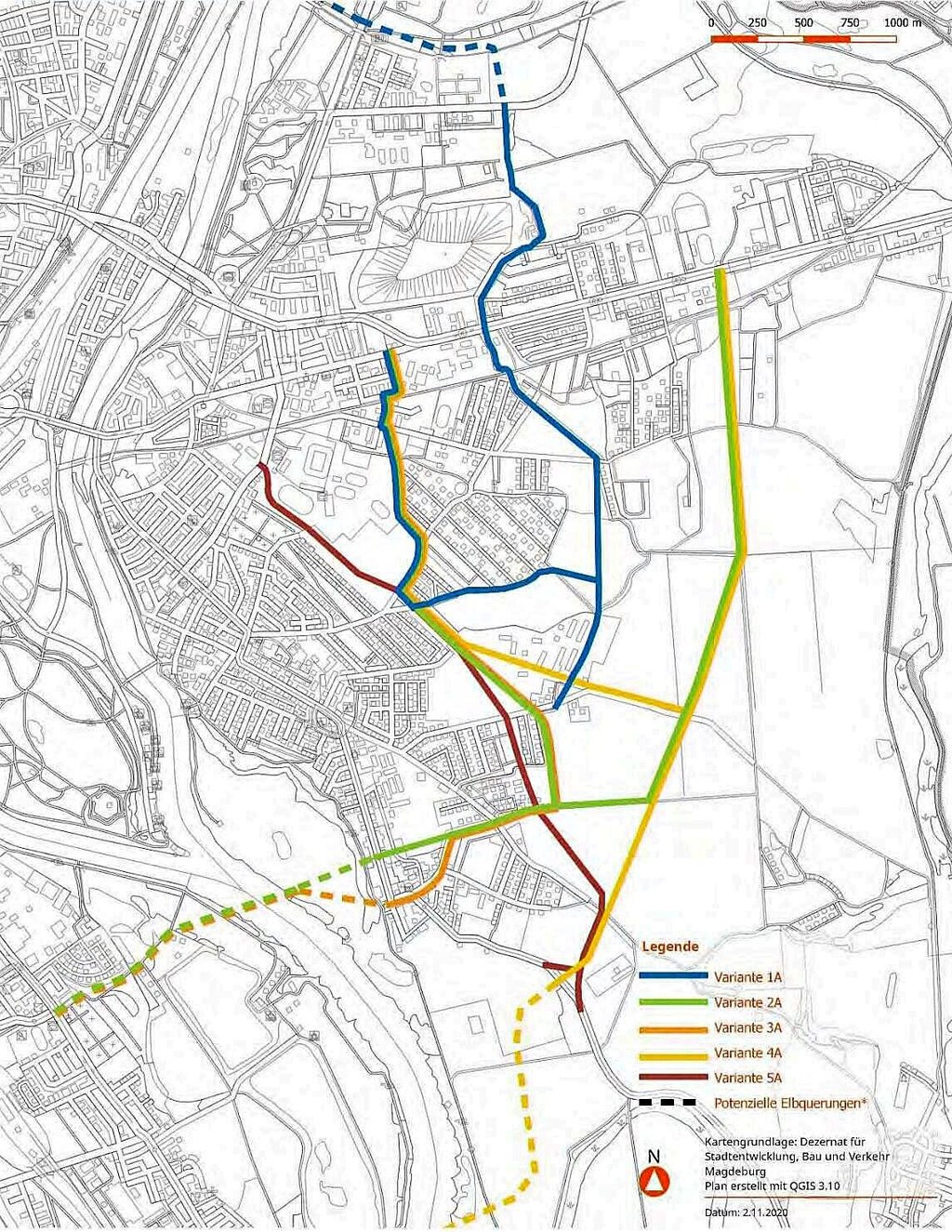 Die Varianten für eine Entlastungsstraße aus der aktuellen Verkehrsuntersuchung für die ostelbischen Gebiete von Magdeburg. Dunkelrot verläuft die Vorzugsvariante.