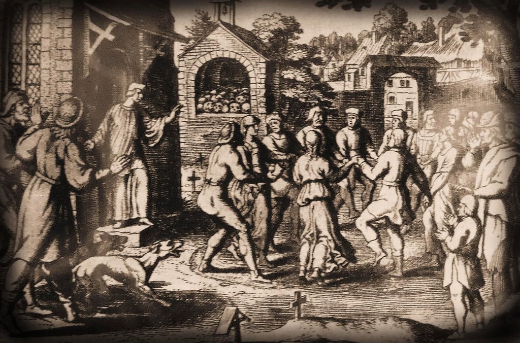 Kupferstich zum Tanzwunder von Cölbigk , 1640 geschaffen von Matthäus Merian.