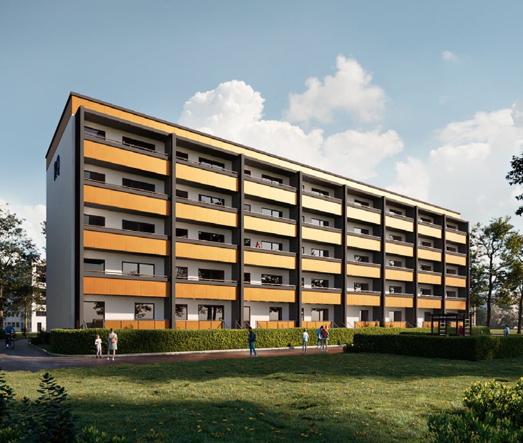In Magdeburg-Rothensee wird ein Wohnblock saniert.