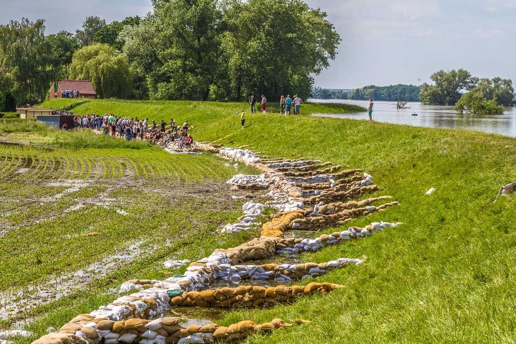 Kemberg musste beim Elbehochwasser 2013 mit viel Manpower wie hier am Dabruner Weinberg geschützt werden.