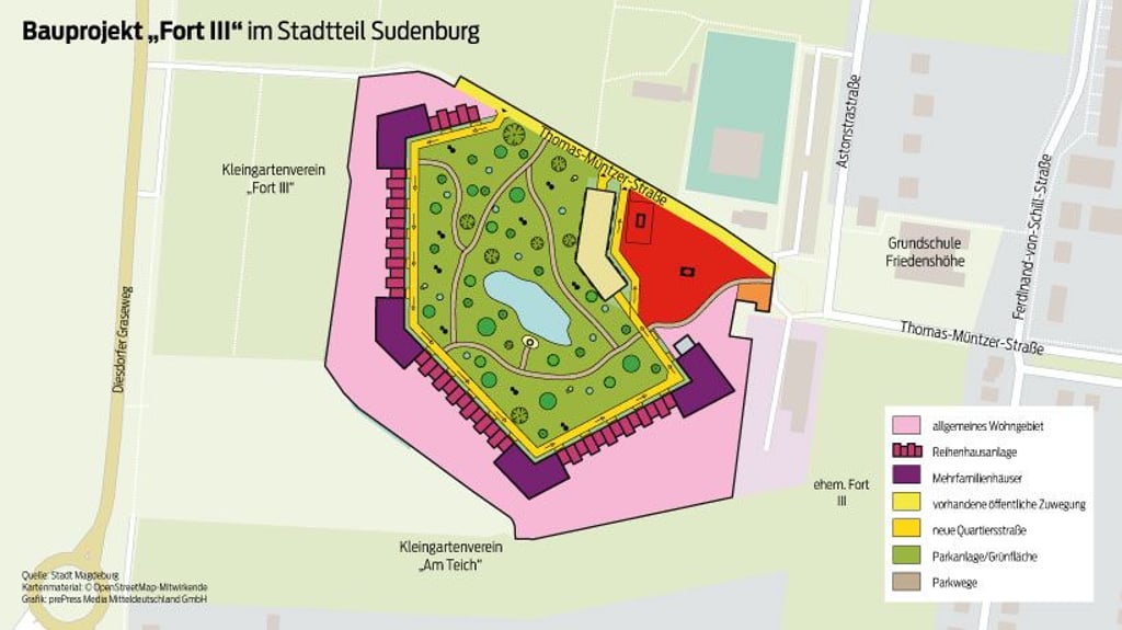 Dies ist ein erster rudimentärer Entwurf, wie die Wohnhäuser im Wohngebiet der Friedenshöhe im Magdeburger Stadtteil Sudenburg abgeordnet sein könnten.
