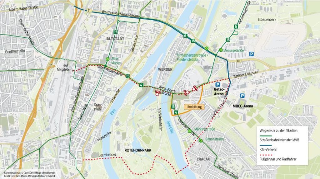 Die Karte von der Innenstadt von Magdeburg gibt eine Übersicht über die Anfahrtswege zu Fuß, mit Rad oder Auto oder der Straßenbahn.