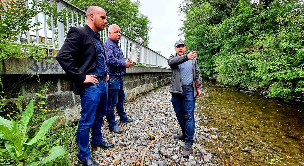 Baudezernent Immo Kramer, Bauausschusschef Matthias Winkelmann (CDU) und Hochwasserexperte Daniel Dietrich (von links) bei der Begehung der Schwachstellen entlang der Holtemme zwischen Mönchstieg und Ilsenburger Straße.