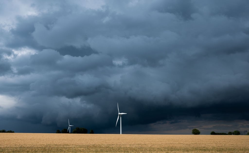 Eine Gewitterzelle mit dunklen Wolken zieht über Windräder in der Region Hannover hinweg.