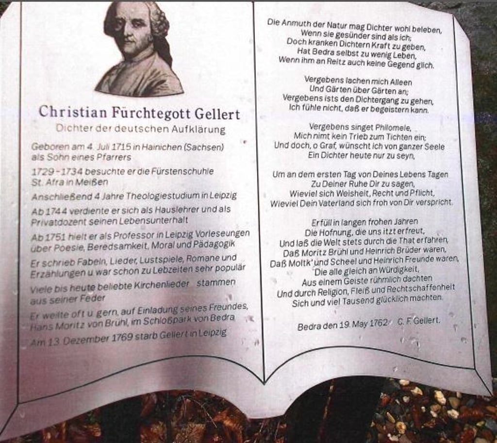Bereits am 04.05.2021 wurde im Stadtpark von Braunsbedra eine Gedenktafel von „Christian Fürchtegott Gellert“ gestohlen.