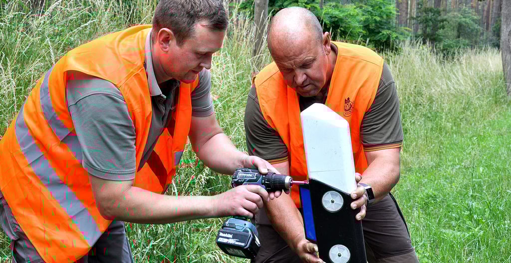 Jäger mit Akkuschrauber: Carsten Schumann (l.) und Jörn Löschner bringen an der B190 bei Tannenkrug Wildwarner an.