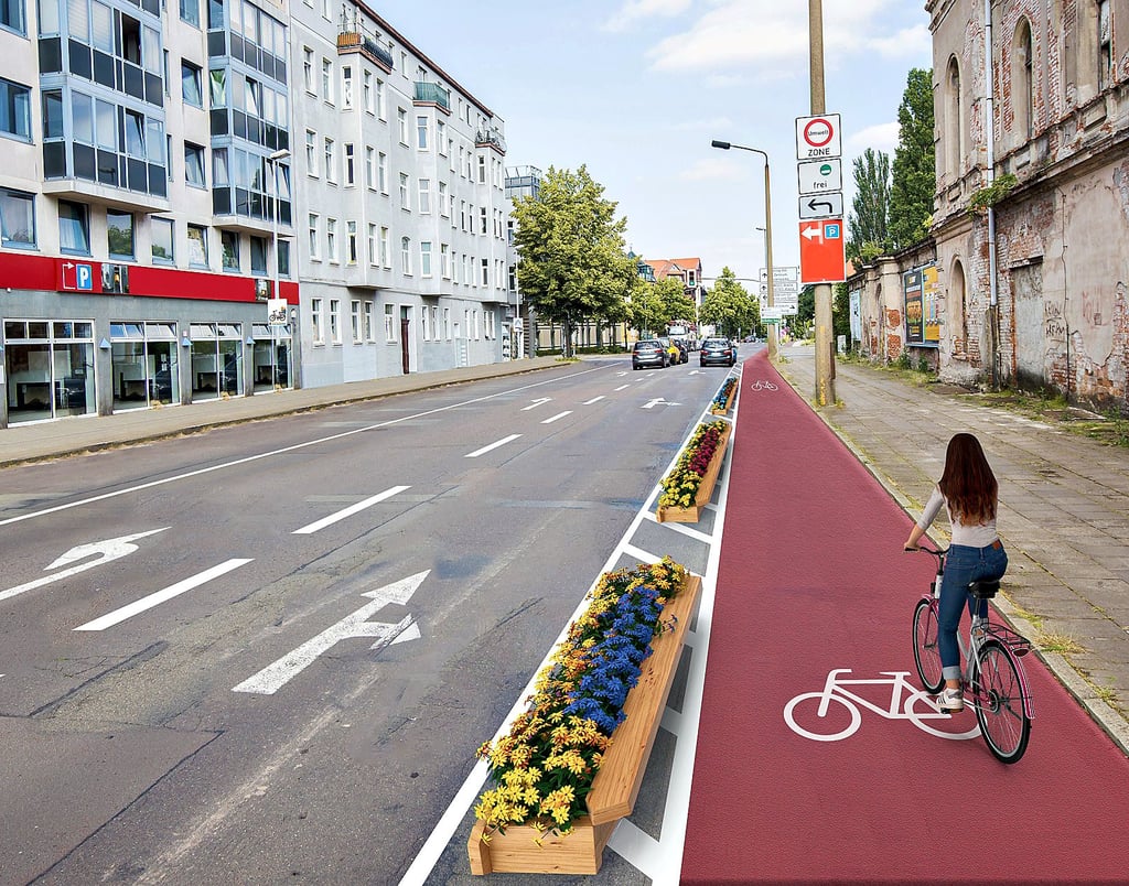 So könnte die Protected Bike Lane (besonders geschützter Radfahrstreifen) aussehen, um Radfahrern im Fuchsberg eine eigene Fahrspur zu ermöglichen.