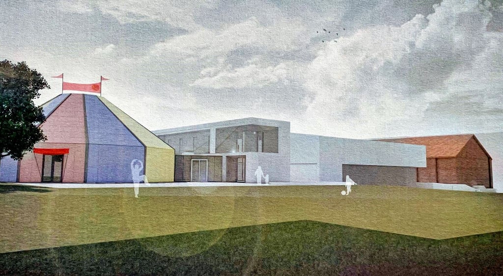 Die Visualisierung zeigt das geplante Zirkusgebäude und die neue Turnhalle in Nachbarschaft der Jahnhalle.