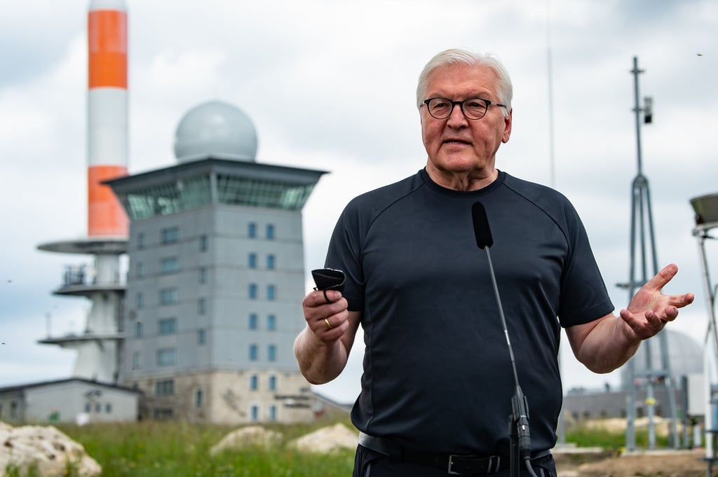 Bundespräsident Frank-Walter Steinmeier steht vor einem Mikrofon.