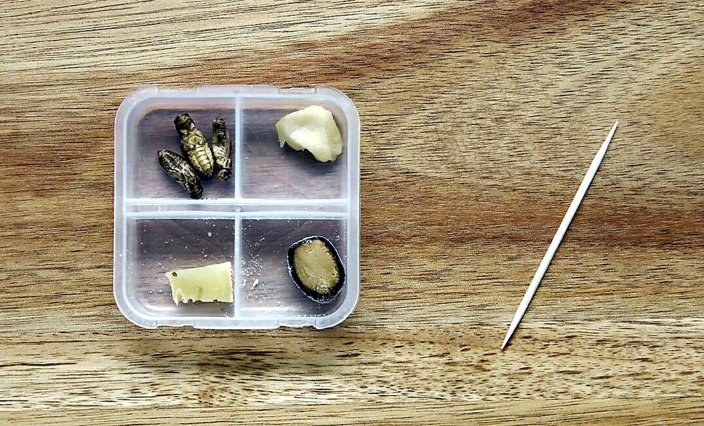 In Corona-Zeiten darf man sich dieses Fresspaket mit Heimchen, Gammelhau, Käse und Lakritze mit nach Hause nehmen.