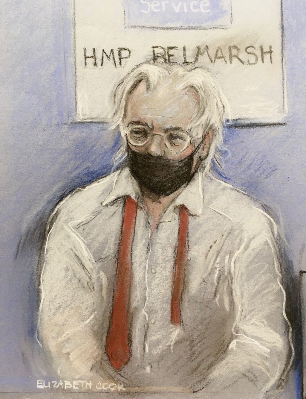 Die Gerichtszeichnung zeigt Wikileaks-Gründer Julian Assange, der per Videoschalte aus dem Hochsicherheitsgefängnis Belmarsh im Südosten Londons zugeschaltet wurde.