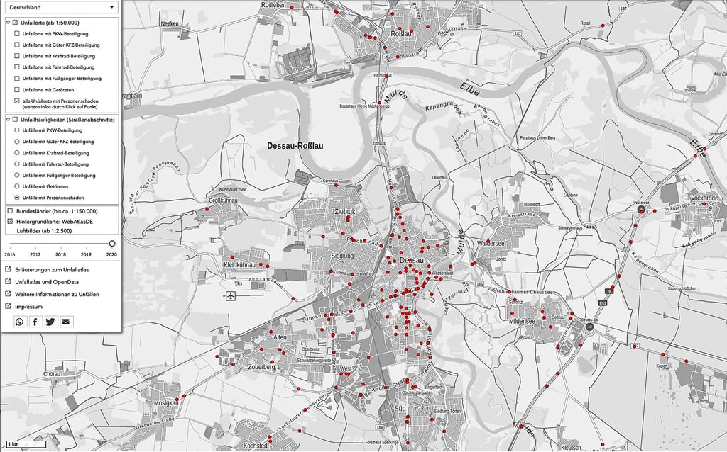 Mit roten Punkten markierte Unfallorte mit Personenschaden in Dessau-Roßlau. 