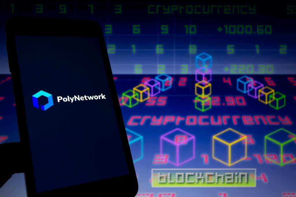 Das Logo der Plattform Poly Network wird auf einem Smartphone mit dem Wort „Cryptocurrency“ im Hintergrund und einer visuellen Darstellung von Blockchain und Zahlen angezeigt.