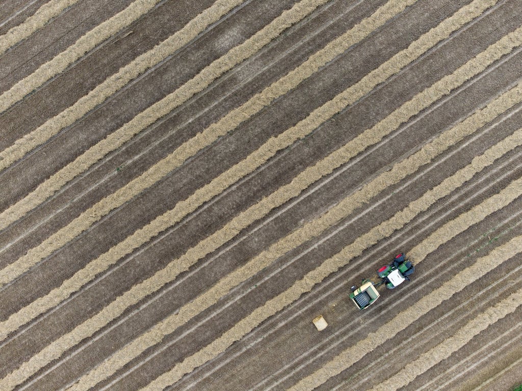 Illustration: Ein Traktor zieht eine Strohballenpresse und zeichnet Linien auf ein gerade abgeerntetes Feld.