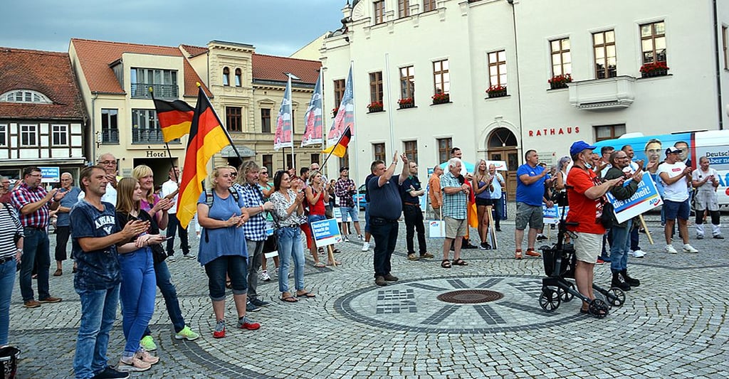 Mit Plakaten, Fahnen und dem vorgeschriebenen Abstand verfolgten die Kundgebungsbesucher auf dem Stendaler Marktplatz die Reden.