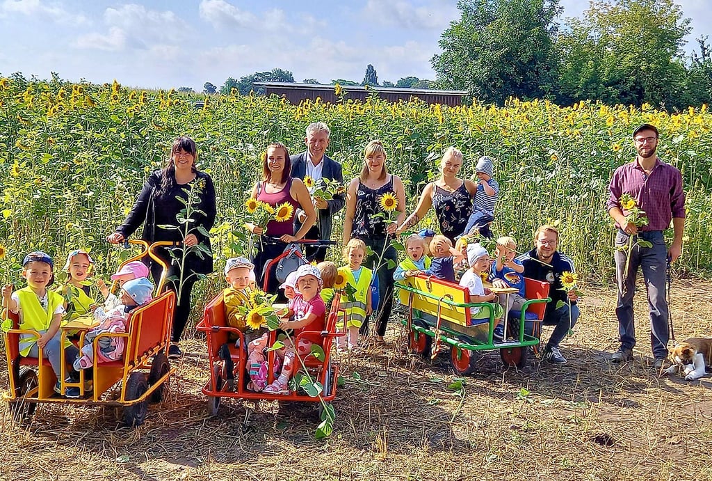 Startschuss für die Selbstpflückaktion von Sonnenblumen in Ebendorf. Rechts Landwirt Matthias Conert, in der Mitte Manfred Behrens. Foto: Regina Malsch