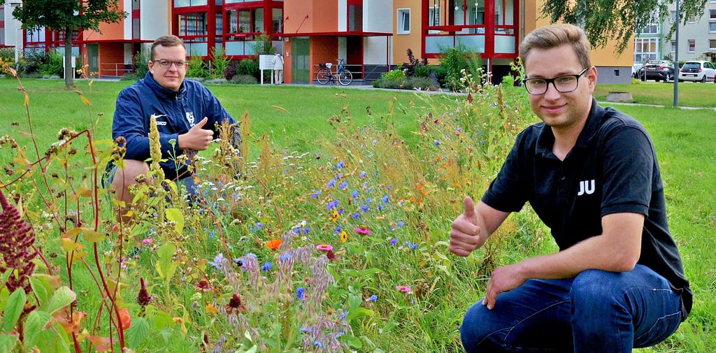 Justin Wurbs (r.) und Toni Reimann von der Jungen Union Zerbst freuen sich über das geglückte Experiment. Sie wollen nun weitermachen und mehr Blühstreifen anlegen.