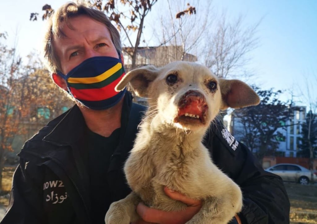 Pen Farthing, Gründer der Tierrettungsorganisation Nowzad, trägt einen Mund-Nasen-Schutz und hält einen Hund in den Armen. Laut Angaben eines Freundes von Farthing, hat der ehemaligen Royal Marine rund 170 Hunde und Katzen aus einem Tierheim in Afghanistan nach Großbritannien evakuiert.