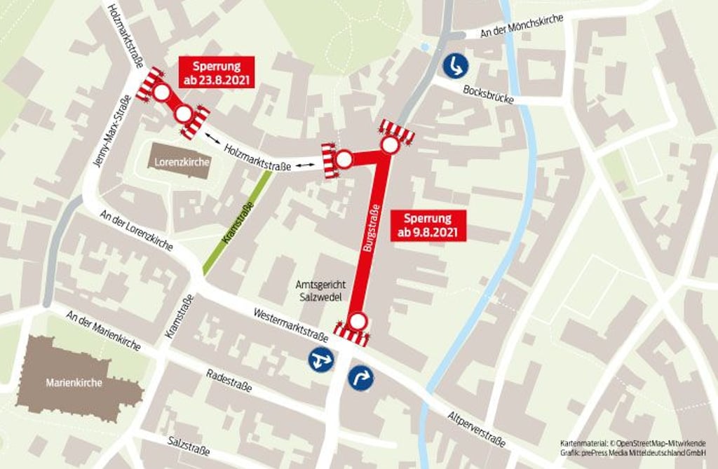Karte der Baustelle Burgstraße im Innenstadtbereich von Salzwedel.