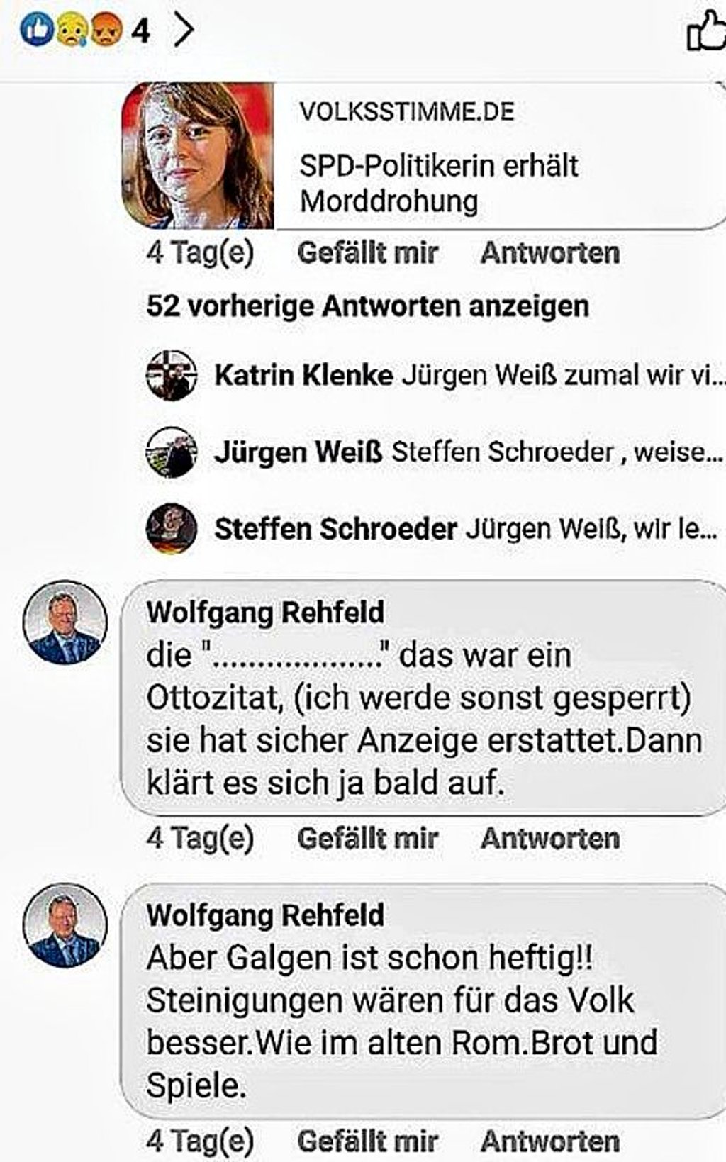 Der Facebook-Kommentar von Wolfgang Rehfeld (AfD) zu den Morddrohungen gegen Katharina Zacharias (SPD).
