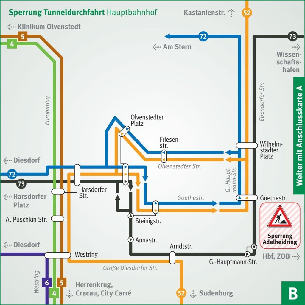 Schema des ÖPNV westlich des Hauptbahnhofs Magdeburg