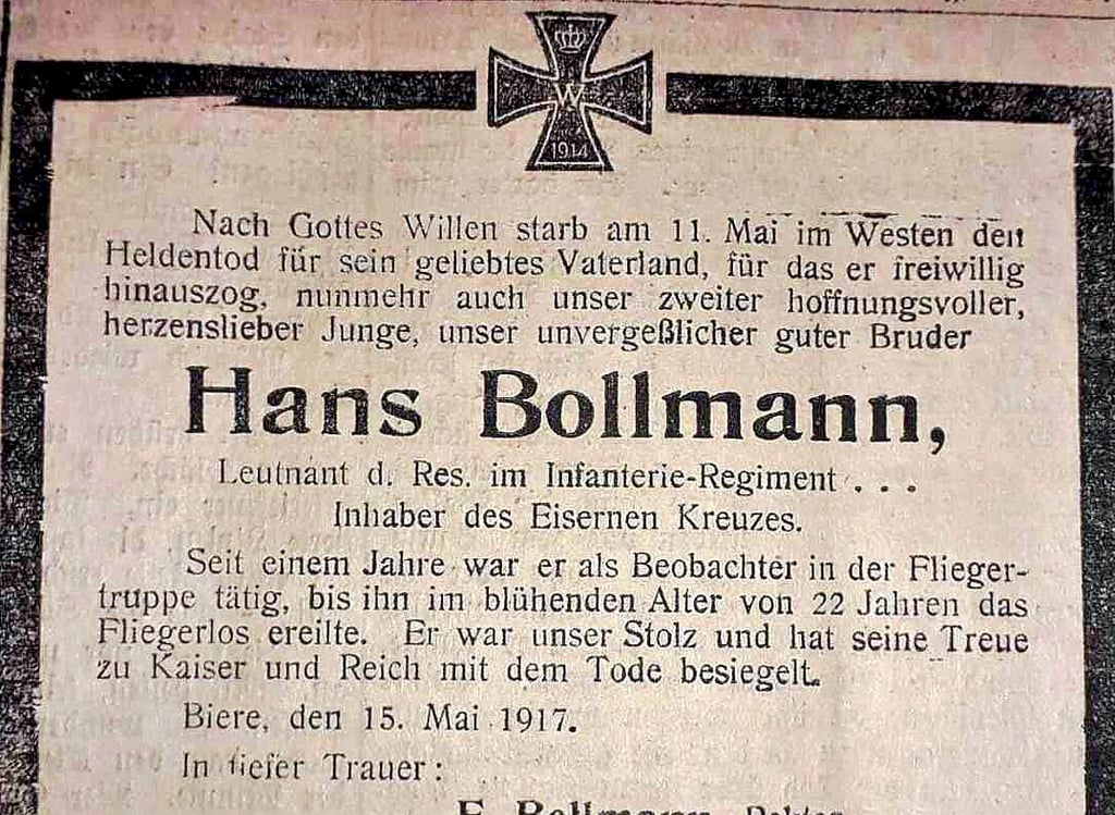Rektor Franz Bollmann und dessen Familie schalteten im Mai 1917 diese Todesanzeige in der „Schönebecker Zeitung“.