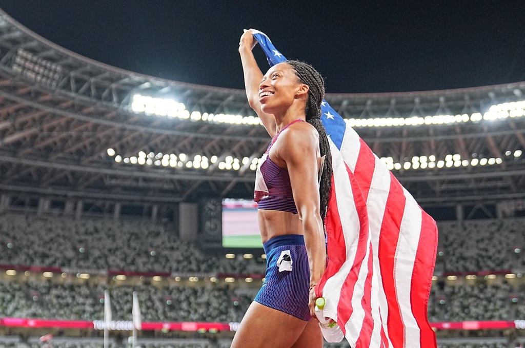 Die US-Amerikanerin Allyson Felix freut sich über ihr siebtes olympisches Gold.