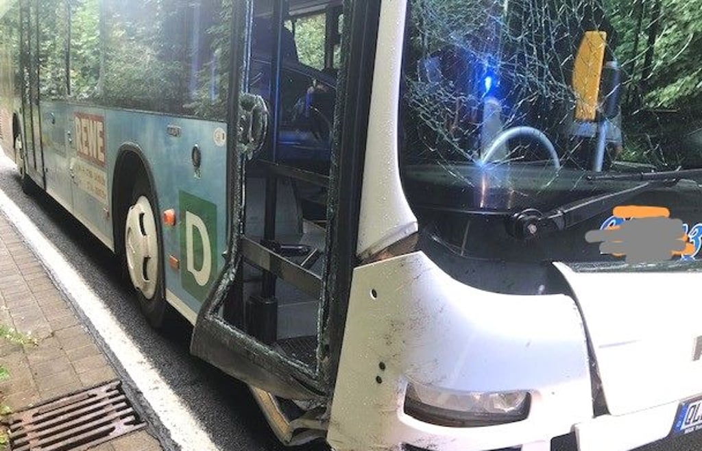 Der Bus trug bei der Kollision mit dem Fels zwischen Silberhütte und Alexisbad Schäden auf der rechten Seite davon.