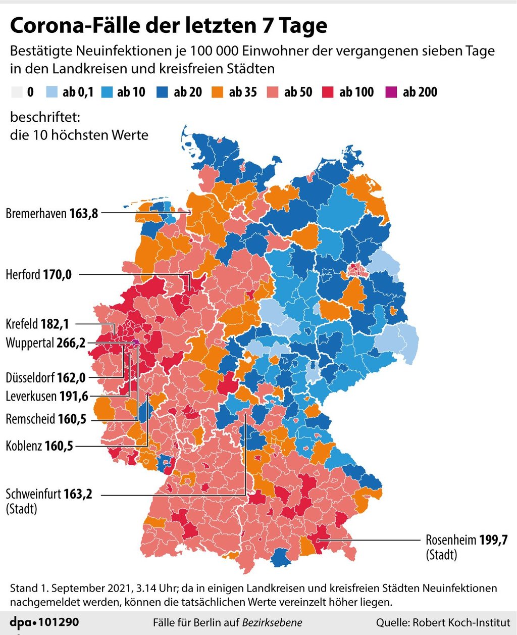 Corona-Fälle der letzten sieben Tage in Deutschland