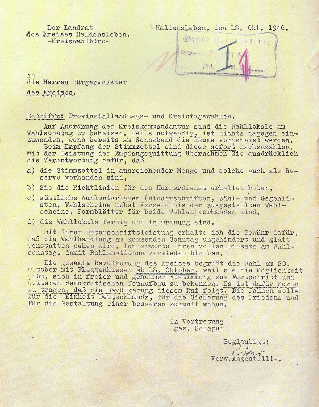 Laut dieser schriftlichen Anordnung aus dem Kreiswahlbüro des Haldensleber Landrates sollten die Bürger Flaggen hissen und damit die Wahl begrüßen.