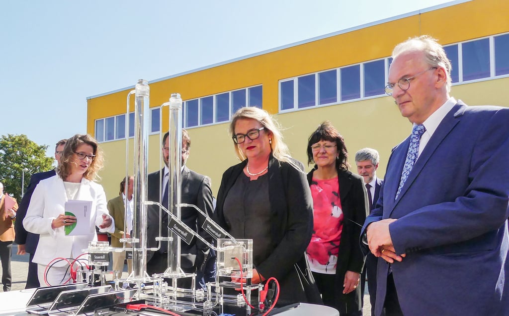 Die angereisten Politiker ließen sich von Cornelia Müller-Pagel am Modell die Funktionsweise des Elektrolyseurs erklären.