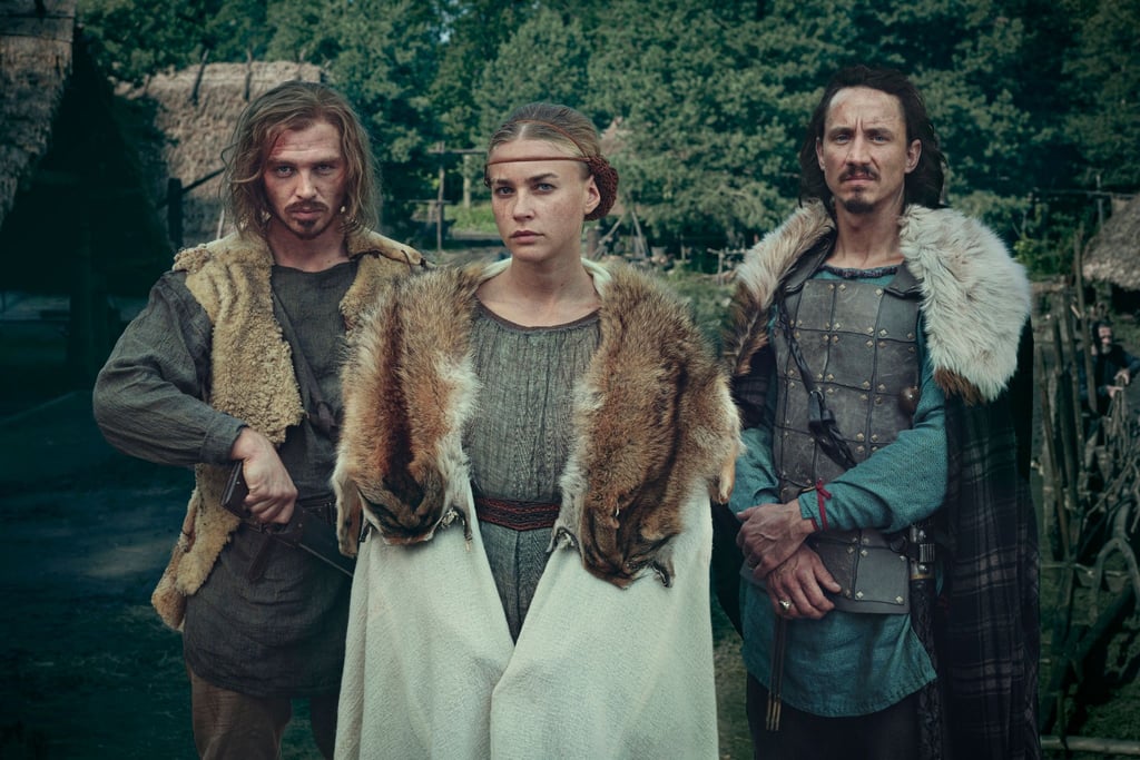 Die Hauptdarsteller der Serie: David Schütter (als Folkwin, l-r), Jeanne Goursaud (als Thusnelda) und Laurence Rupp (als Hermann).