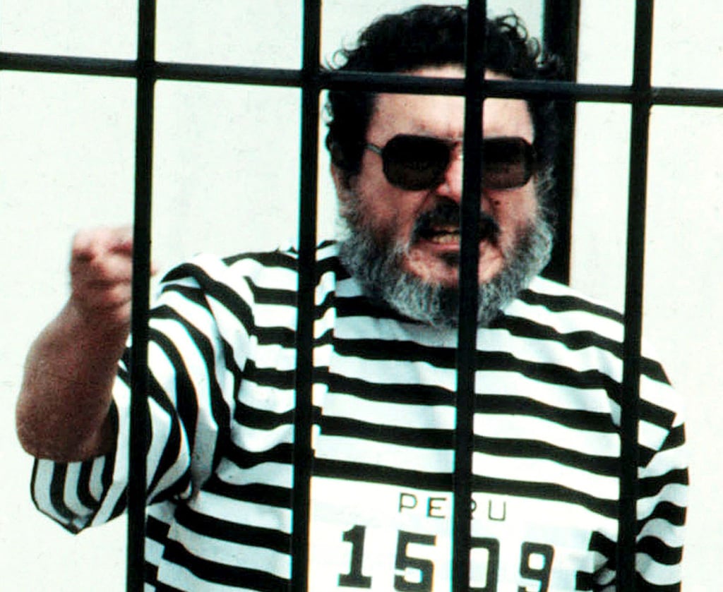 Im September 1992 schreit Abimael Guzman, der Gründer und Anführer der Guerillabewegung Leuchtender Pfad, in einer Gefängniszelle, nachdem er in Lima, Peru, gefangen genommen wurde.