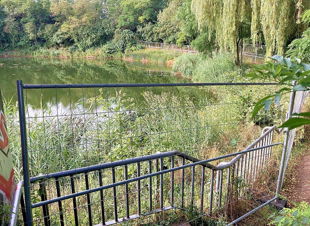 Der Böschungsbereich vom Sternsee an der Olvenstedter Chaussee ist derzeit mit einem Bauzaun abgesperrt. Grund dafür sind Mängel am Geländer, die behoben werden müssen.
