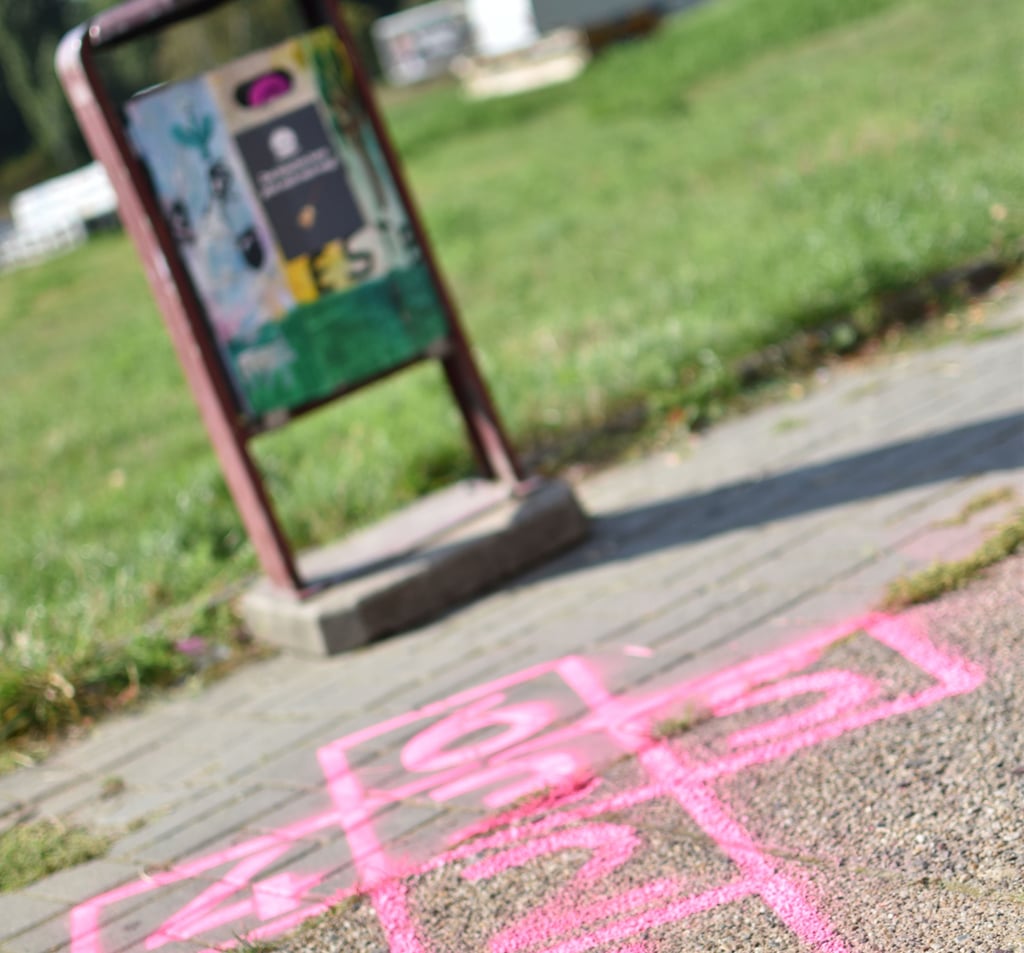 Mit Graffiti auf dem Gehweg wird in Magdeburg-Neustadt auf den "World Clean Up Day" hingewiesen.
