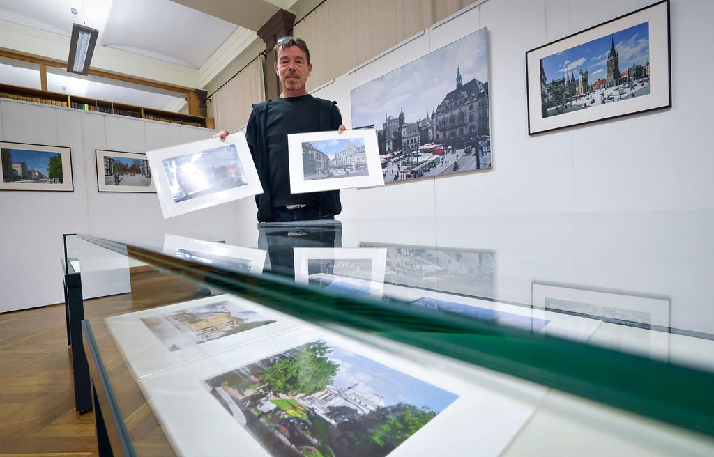 Fotograf Torsten Milarg zeigt in einer Ausstellung im Stadtarchiv Foto-Collagen von alten und neuen Ansichten der Saalestadt.